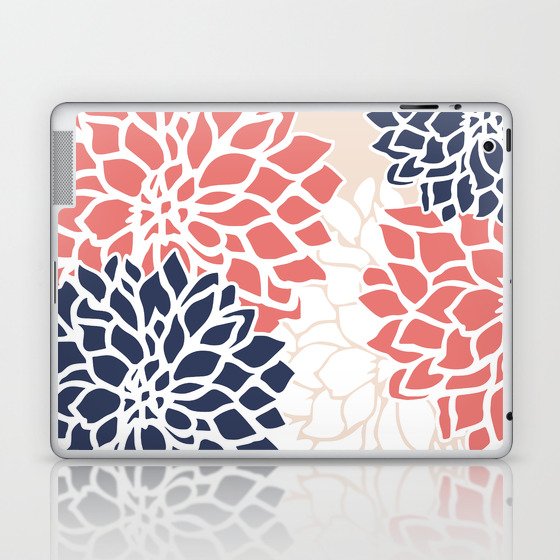 Flower Blooms, Coral Pink, Blush, Navy Blue Laptop & iPad Skin