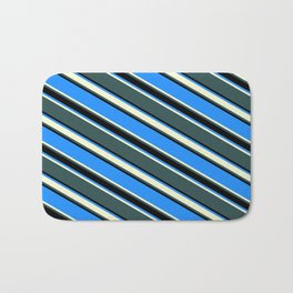 [ Thumbnail: Blue, Light Yellow, Dark Slate Gray & Black Colored Striped/Lined Pattern Bath Mat ]