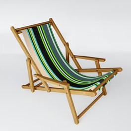 [ Thumbnail: Eyecatching Green, Dark Slate Gray, Bisque, Turquoise, and Black Colored Lined Pattern Sling Chair ]