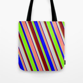[ Thumbnail: Eyecatching Light Gray, Blue, Dark Red, Salmon & Green Colored Lines Pattern Tote Bag ]