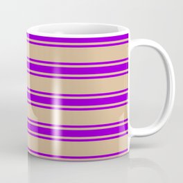 [ Thumbnail: Tan and Dark Violet Colored Lined/Striped Pattern Coffee Mug ]