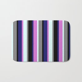 [ Thumbnail: Eye-catching Midnight Blue, Orchid, Light Cyan, Gray, and Black Colored Stripes/Lines Pattern Bath Mat ]