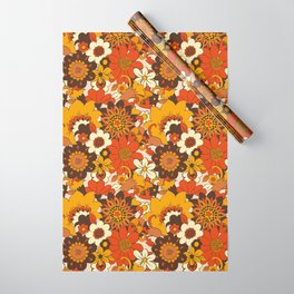 Retro 70s Flower Power, Floral, Orange Brown Yellow Psychedelic Pattern Wrapping Paper