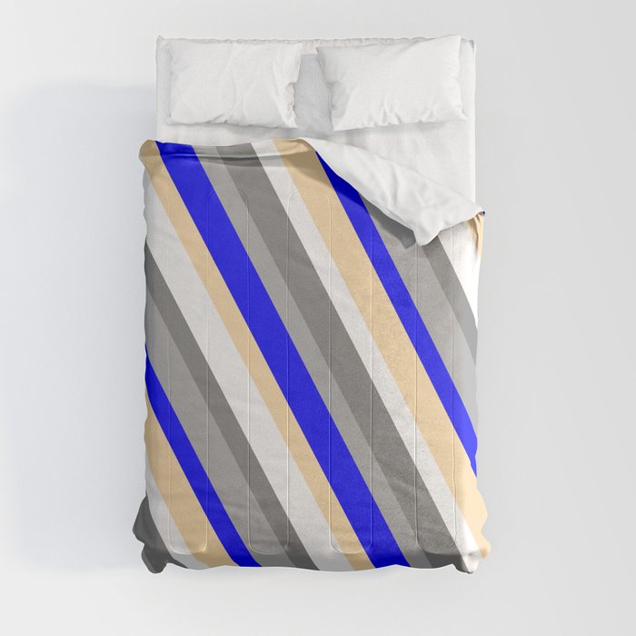 Colorful Dark Grey, Blue, Tan, White & Grey Colored Striped Pattern Comforter