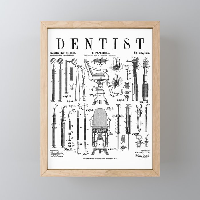 Dentist Dentistry Dental Tools Kit Vintage Patent Print Framed Mini Art Print