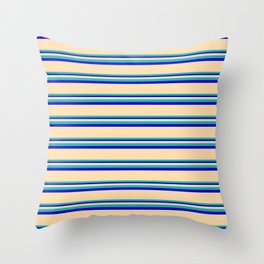 [ Thumbnail: Tan, Light Sea Green & Blue Colored Striped Pattern Throw Pillow ]