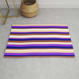 [ Thumbnail: Eyecatching Tan, Purple, Blue, Sienna & White Colored Lines/Stripes Pattern Rug ]
