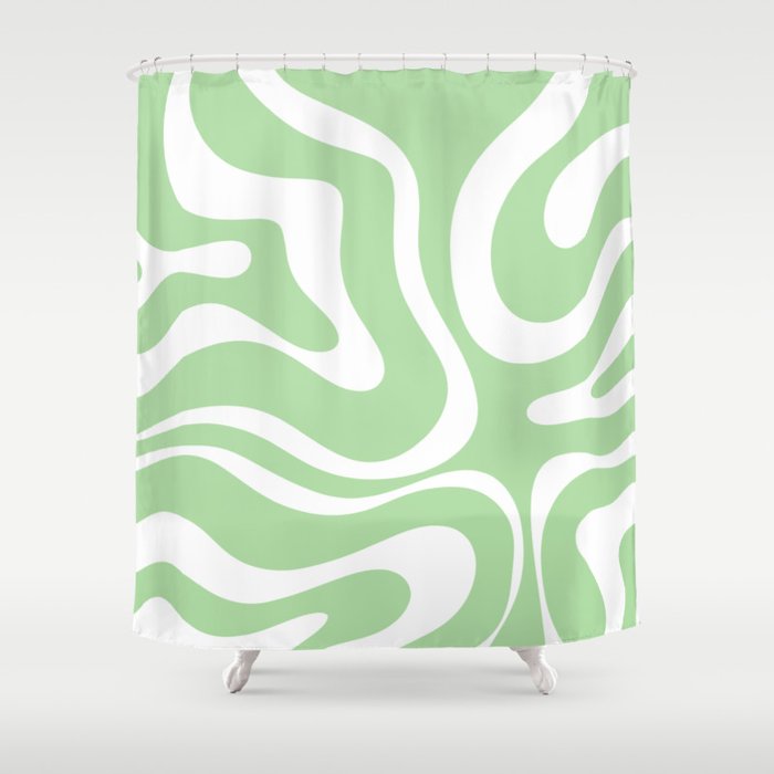 Modern Retro Liquid Swirl Abstract Pattern in Light Matcha Tea Green and White Shower Curtain