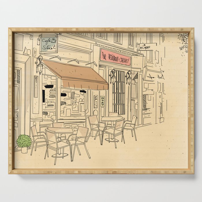 street cafe sketch Serving Tray