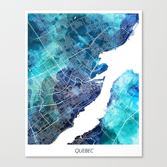 Quebec Canada Map Navy Blue Turquoise Watercolor Canvas Print
