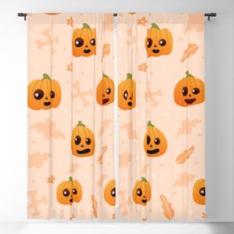 Cute Pumpkin Face Seamless Pattern on Light Background with Bats and Bones, Halloween Ornate Blackout Curtain