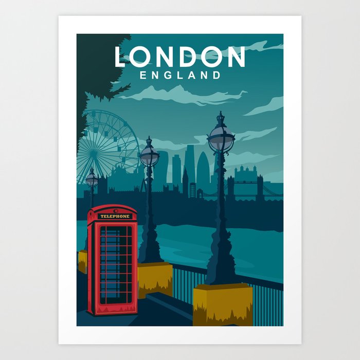 London Travel Poster Telephone booth and skyline Art Print