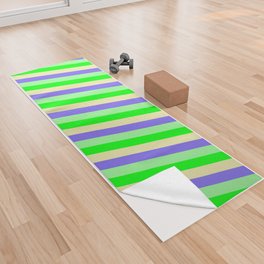 [ Thumbnail: Lime, Pale Goldenrod, Medium Slate Blue, and Green Colored Lined/Striped Pattern Yoga Towel ]