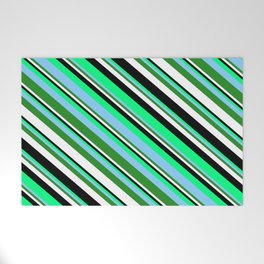[ Thumbnail: Eyecatching Green, Light Sky Blue, Forest Green, White, and Black Colored Lines Pattern Welcome Mat ]