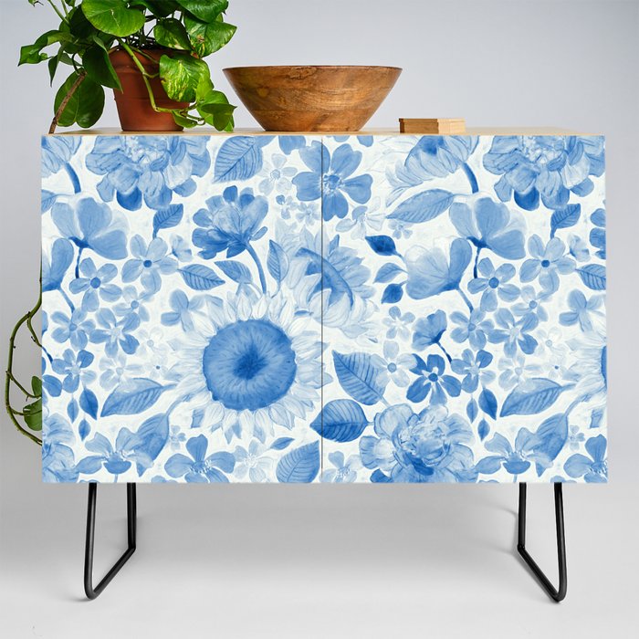 Denim Blue Monochrome Retro Floral Credenza