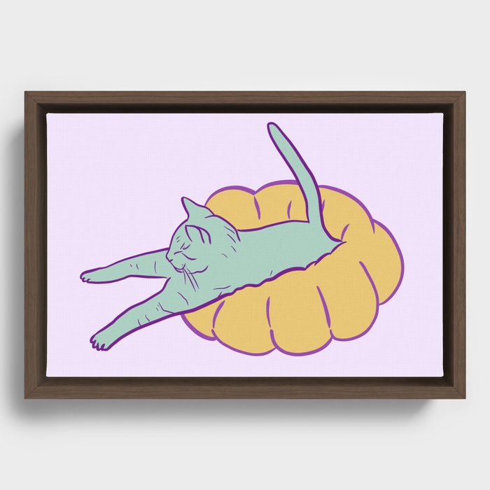 Lazy cat - Turquoise & lilac Framed Canvas