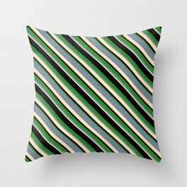 [ Thumbnail: Light Slate Gray, Beige, Black, and Forest Green Colored Lined Pattern Throw Pillow ]