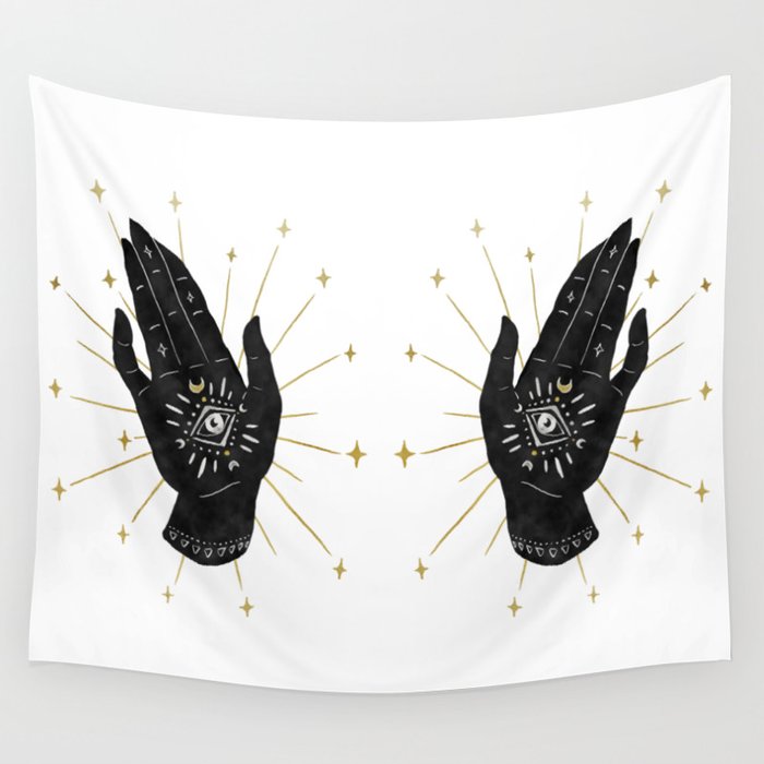 Mystic Hand with Eye - Black and Gold Ink Wall Tapestry