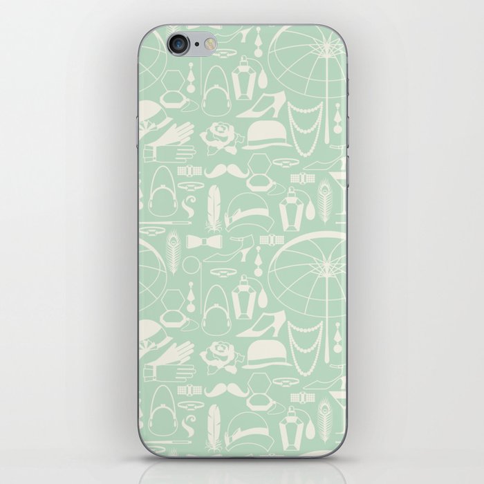 White Old-Fashioned 1920s Vintage Pattern on Apple Green iPhone Skin