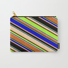 [ Thumbnail: Colorful Light Green, Blue, Tan, Chocolate & Black Colored Lines/Stripes Pattern Carry-All Pouch ]