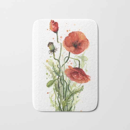 Red Poppies Watercolor Flower Floral Art Bath Mat