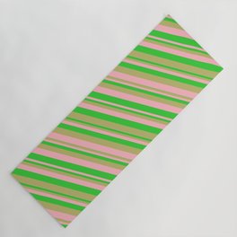 [ Thumbnail: Dark Khaki, Light Pink & Lime Green Colored Lines/Stripes Pattern Yoga Mat ]
