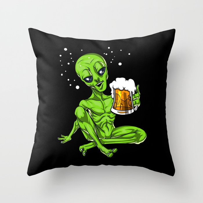 Alien Drinking Beer Space Party Throw Pillow
