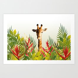 Giraffe in jungle leaves with Heliconias Art Print