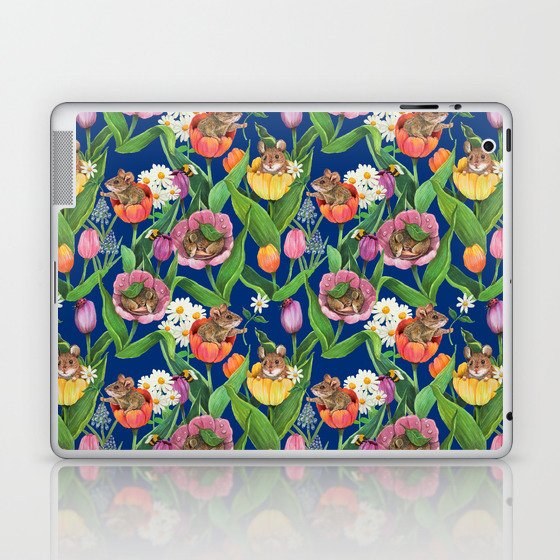 Spring Tulips with Cute Mouse - blue Laptop & iPad Skin