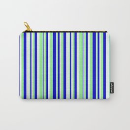 [ Thumbnail: Mint Cream, Green, and Blue Colored Pattern of Stripes Carry-All Pouch ]
