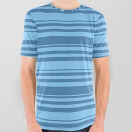[ Thumbnail: Blue and Light Sky Blue Colored Lines Pattern All Over Graphic Tee ]