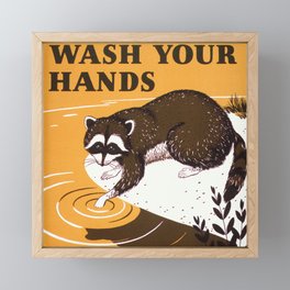 Orange Vintage Wash Your Hands Sign with Raccoon  Framed Mini Art Print