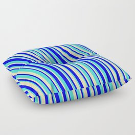 [ Thumbnail: Blue, Turquoise & Beige Colored Striped/Lined Pattern Floor Pillow ]