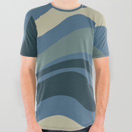 Modern Retro Liquid Swirl Abstract Pattern Square in Vintage Blue All Over Graphic Tee
