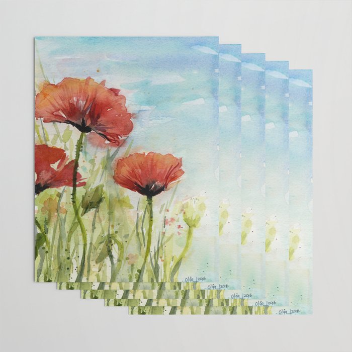 Red Poppy Flower Watercolor Wrapping Paper by Olechka