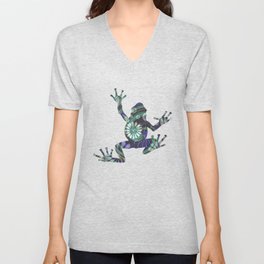 Floating White Flowers Over Green and Purple Swirls V Neck T Shirt
