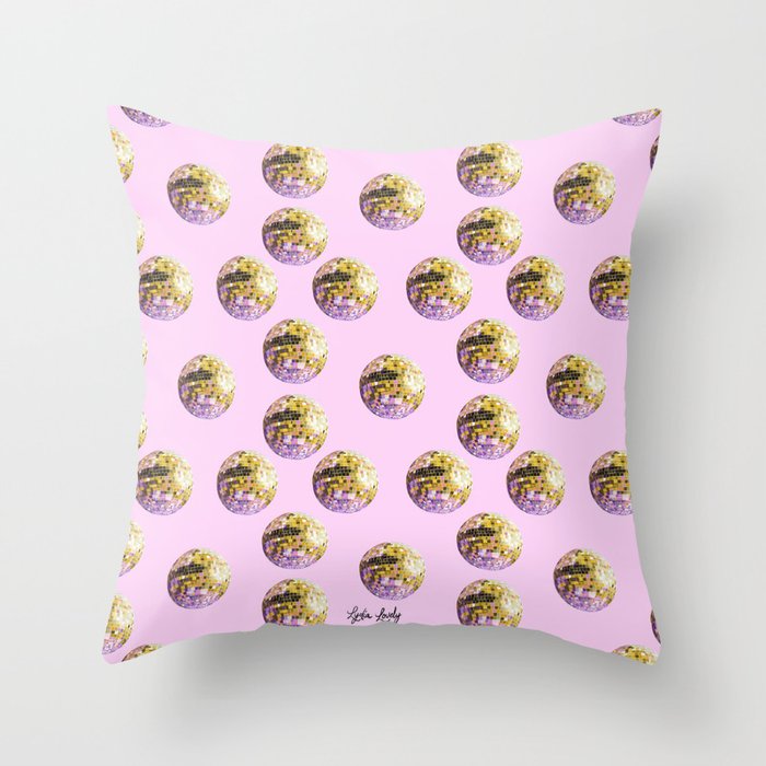 Let's dance yellow disco ball- pink background Throw Pillow