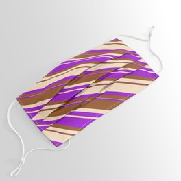 [ Thumbnail: Dark Violet, Brown & Bisque Colored Striped Pattern Face Mask ]