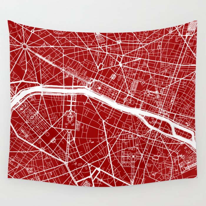 Paris, France, City Map - Red Wall Tapestry