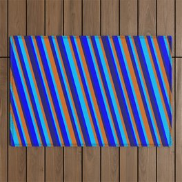 [ Thumbnail: Midnight Blue, Chocolate, Deep Sky Blue & Blue Colored Striped/Lined Pattern Outdoor Rug ]