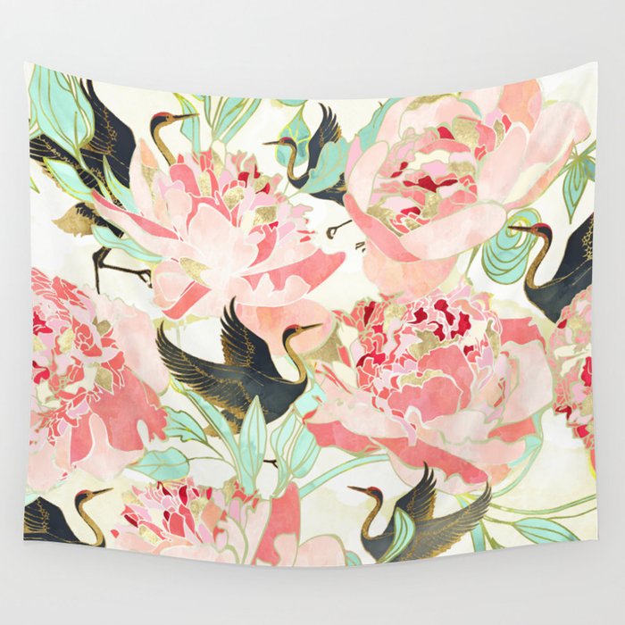 Floral Cranes Wall Tapestry