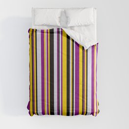 [ Thumbnail: Yellow, Purple, Lavender & Black Colored Striped/Lined Pattern Comforter ]
