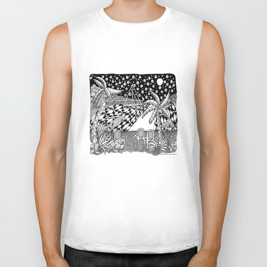 Sailboat Night at Sea - Black and White Zentangle Illustration Biker Tank