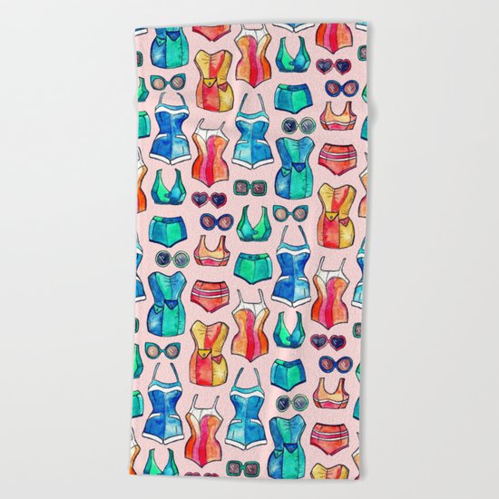 Sixties Swimsuits and Sunnies on blush pink Beach Towel