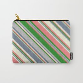 [ Thumbnail: Eye-catching Beige, Light Coral, Forest Green, Grey, and Slate Gray Colored Lined/Striped Pattern Carry-All Pouch ]