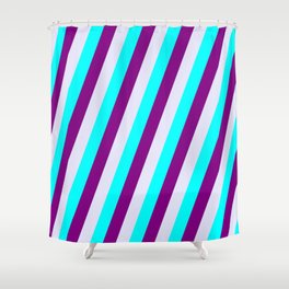 [ Thumbnail: Aqua, Purple, and Lavender Colored Lined Pattern Shower Curtain ]