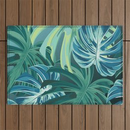 Tropical Monstera Palm Leaves on Teal Outdoor Rug