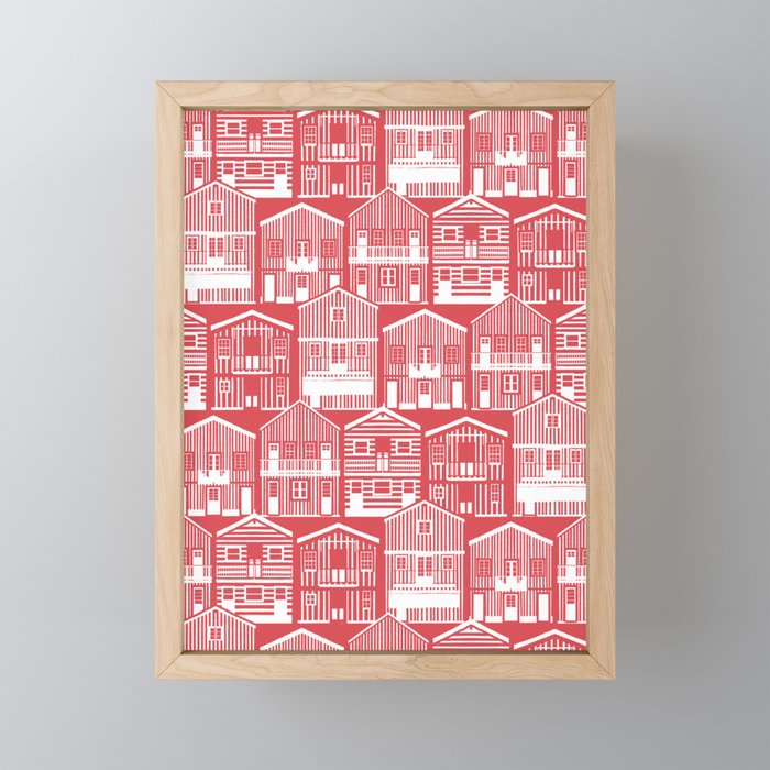 Monochromatic Portuguese houses // mandy red background white striped Costa Nova inspired houses Framed Mini Art Print