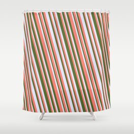 [ Thumbnail: Salmon, Dark Olive Green & Lavender Colored Lines Pattern Shower Curtain ]