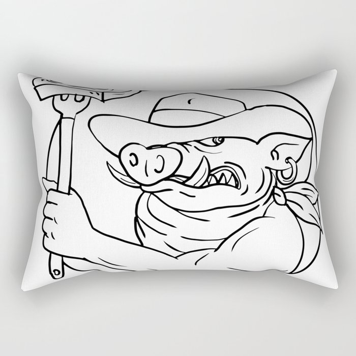 Cowboy Wild Pig Holding Barbecue Steak Drawing Black and White Rectangular Pillow